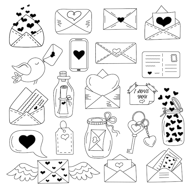 Love messages, envelopes with heart icon set in doodle style. Happy Valentine's day, romance simple love symbol, icon.