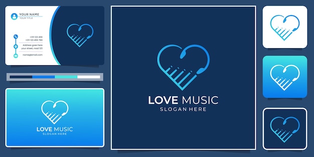 Love music logo design with business card template.creative love and music minimalist modern design.