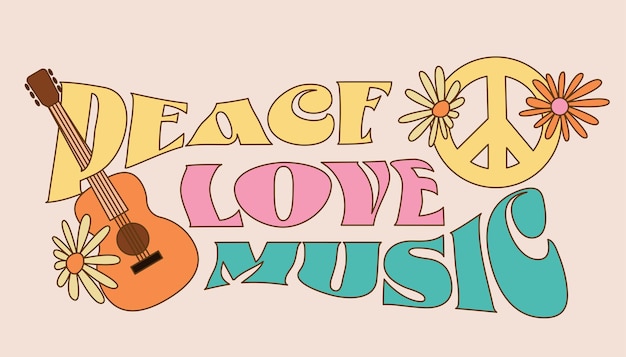 Love peace music lettering Retro vintage hippie inscription