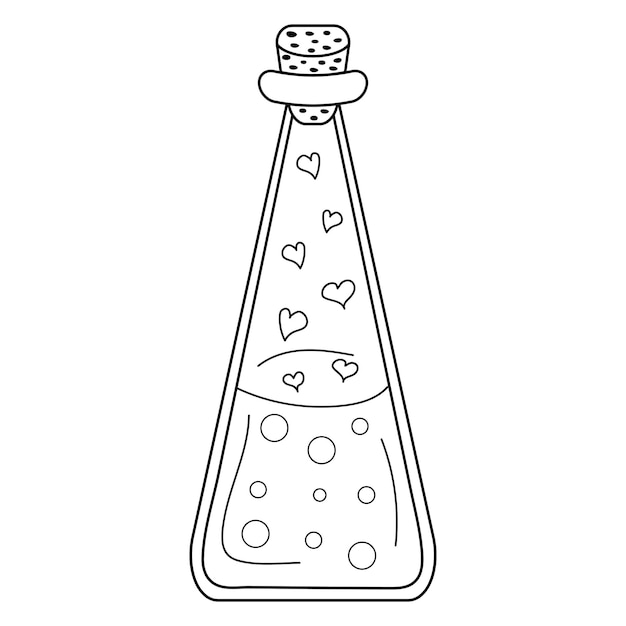 Love potion in a glass vessel Magic bottle with elixir and hearts Flask in doodle style