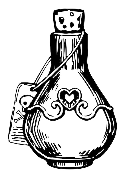 Love potion magic spell heart elixir Halloween hand drawn vector illustration in retro style Spooky ink sketch isolated on white