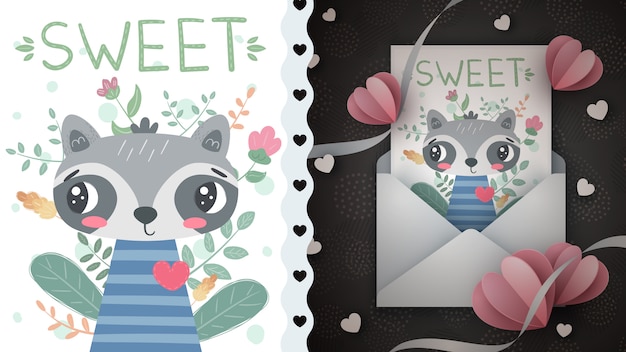 Love raccoon - idea for greeting card. Hand draw