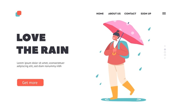 Love the Rain Landing Page Template Cheerful Smiling Child with Umbrella and Rucksack Walk by Puddles at Autumn Weather