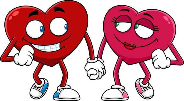 Love Red Hearts Couple Cartoon Characters Walk Holding Hands Vector Hand Drawn Illustration