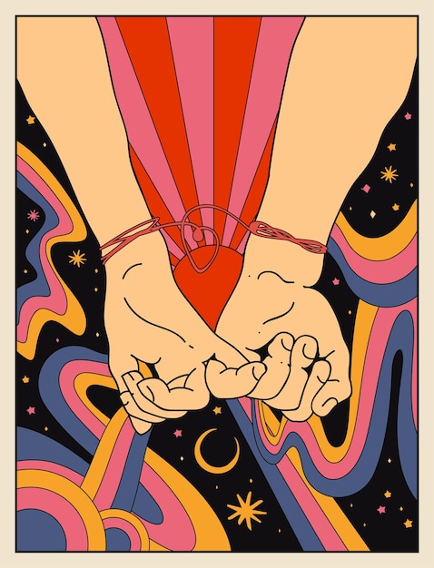 Love relationships retro hippie poster or card design with girlfriend and boyfriend holding hands