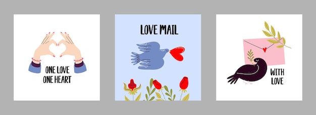 Love romantic card set for Valentines day with bird hands and flowers Cute collection