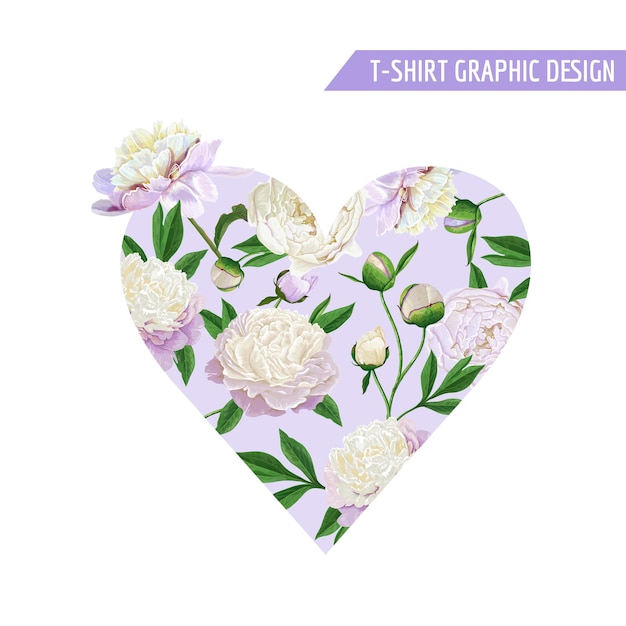 Love Romantic Floral Heart Design for Prints, Fabric, T-shirt, Posters. Spring Background with White Peony Flowers. Vector illustration