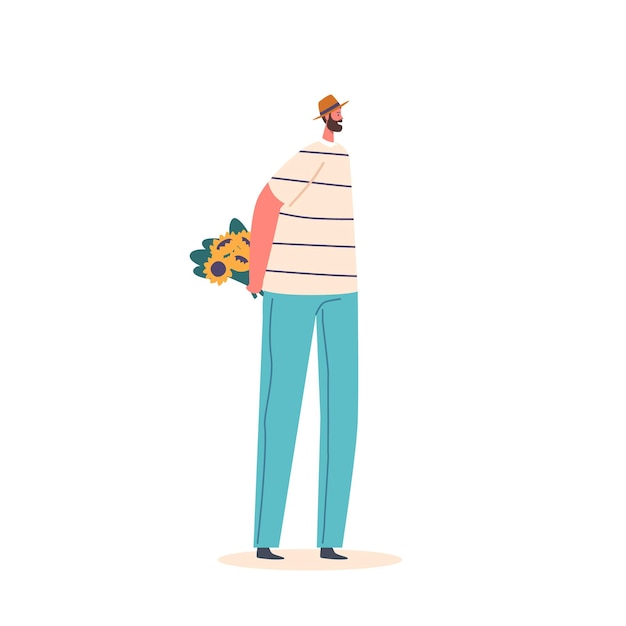 Love and Romantic Human Relations Concept Male Character Prepare for Dating Man Hiding Flowers Bouquet behind of Back