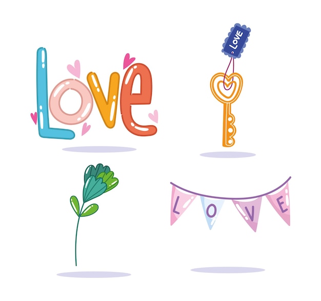 Love romantic lettering key flower and pennants decoration in cartoon style design 