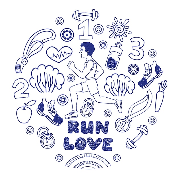 Love run blue color vector icons set. Healthy lifestyle background