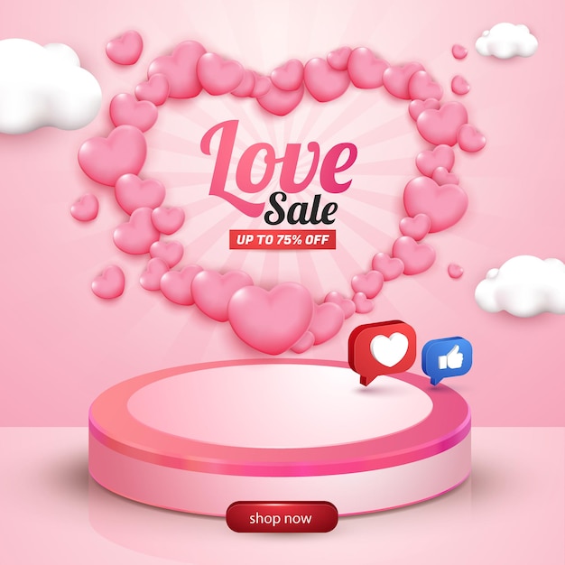 Love sale social media flyer template with 3d love and social media like button