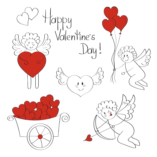 Vector love set cute cupids and hearts valentines collection doodle vector illustrations