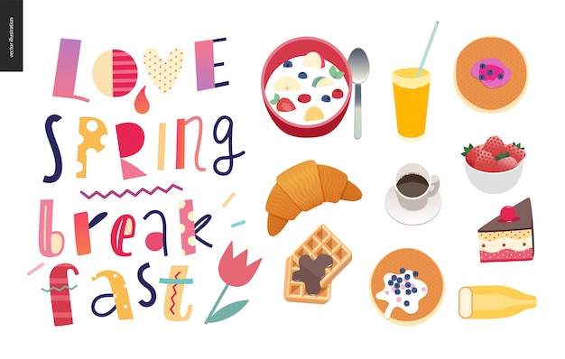 Love, spring, breakfast Lettering composition