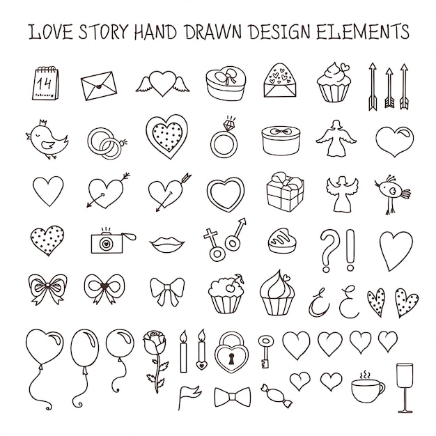 Love story hand drawn design elements doodle set. Vector vintage illustration.