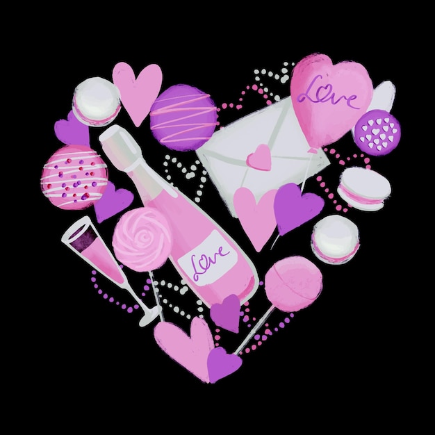 Love symbols illustration in heart shape in pink purple color