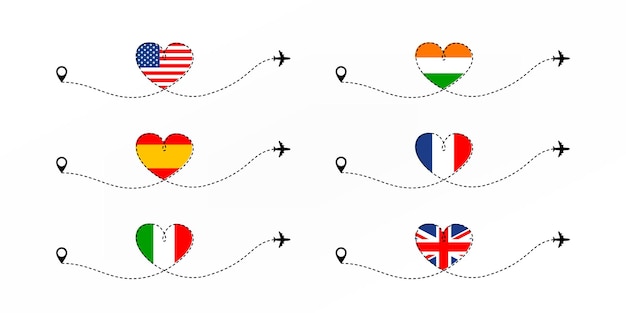 Love travel concept Plane with dushed line heart shaped and different countries flag