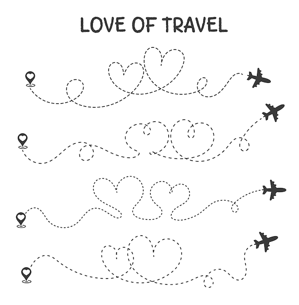 Love to travel The plane travel route is the heart of a romantic lover.