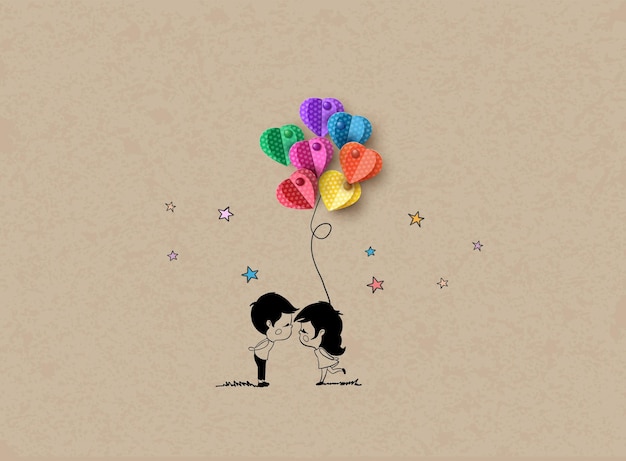 Love and Valentine day with multicolour heart balloon paper and a lover kissing , Paper cut style