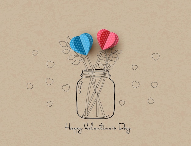 Love and Valentine's day with origami made hearts paper colors on hand drawing bottle. paper cut style