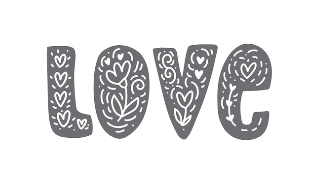 Love Vector hand drawn scandinavian lettering word. Modern brush flourish valentine text for blogs and social media