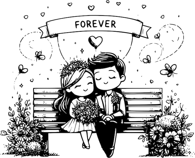 Vector love and wedding couple sitting on the bench