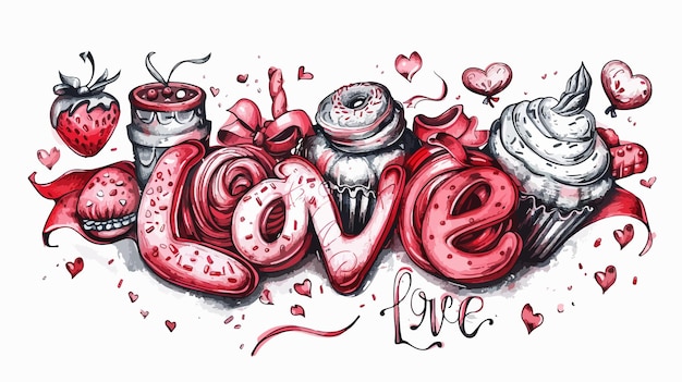 Vector love word surrounded by baked items and red ribbon