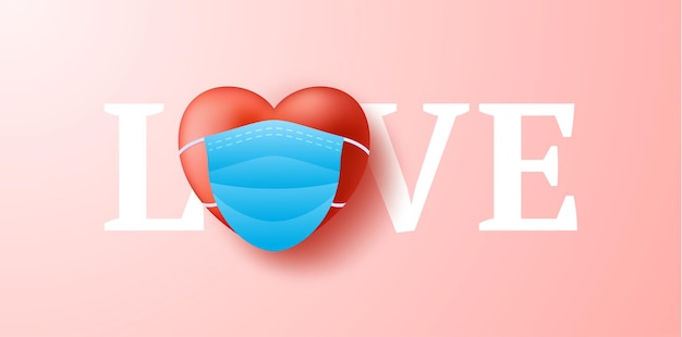 Love word with Cute realistic red heart in blue medical mask. Protection of coronavirus and covid Valentine Day.