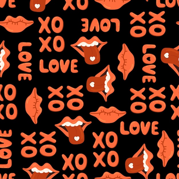 Love XOXO handwritten phrase female lips vector seamless pattern Valentines day texture background