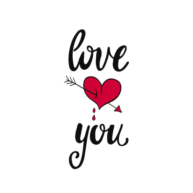 Love you. Romantic phrase for Valentine's Day with heart. Avowal of love. Hand drawing vector lettering design.