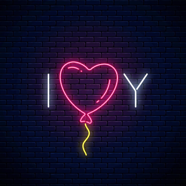 Love you text with heart baloon in neon style Happy Valentines Day neon glowing festive sign