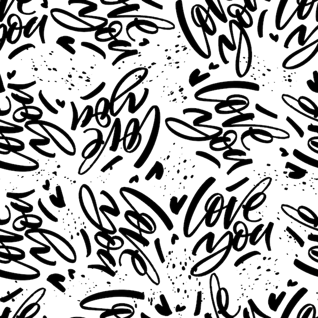 Love you words monochrome seamless pattern with splashes Vector repeatable graphic black and white backdrop Lettering background