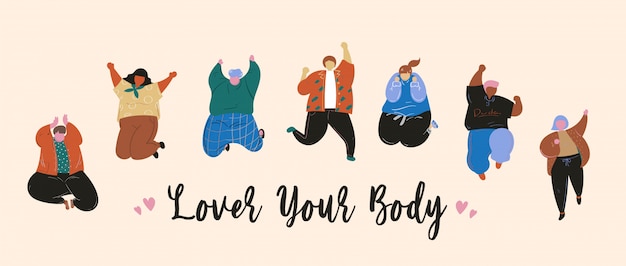 Love your body happy people jumping flat design