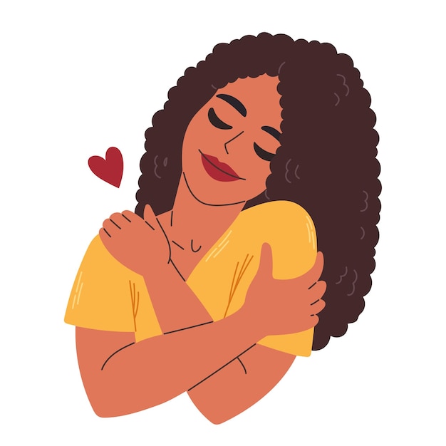 Love yourself. Black curly hair woman hugging herself with heart. Love your body concept. Vector