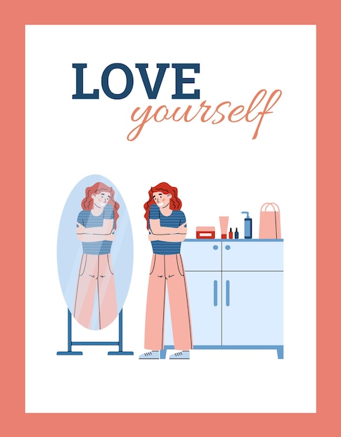 Love yourself card or poster with confident woman cartoon vector illustration