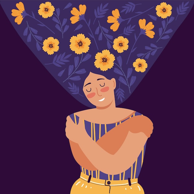 Love yourself, care, acceptance, mental health, happiness, body positive, harmony creative concept. Woman with flowers in hair stands closed eyes and hugs herself. Flat cartoon