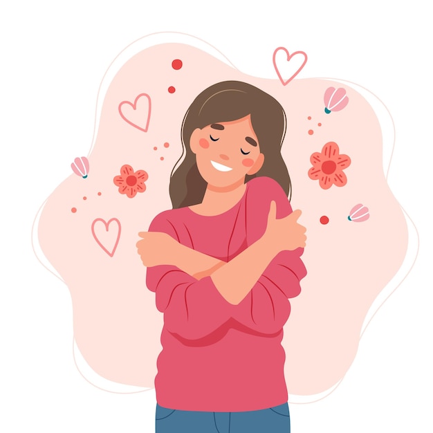 Love yourself concept, woman hugging herself,  illustration in flat style