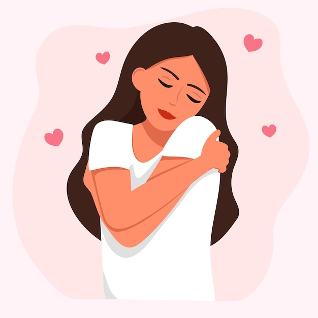 Love yourself. Happy woman hugs herself with hearts on a white background. Vector illustration for love, positive body.