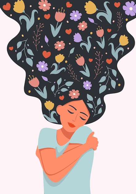 Love yourself harmony creative concept Woman with flowers in hair stands closed eyes and hugs herself vector illustrations