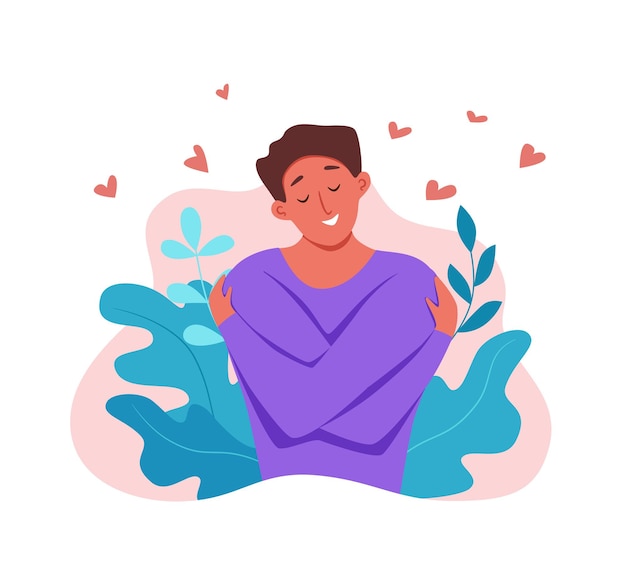 Love yourself men hugging herself with enjoying emotions vector illustration.