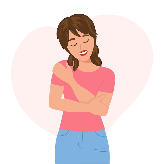 Love yourself Nice young woman hugging herself Love your body concept Flat style illustration