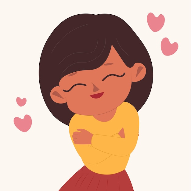 Love yourself woman hugging herself Taking care of yourself accepting yourself Vector