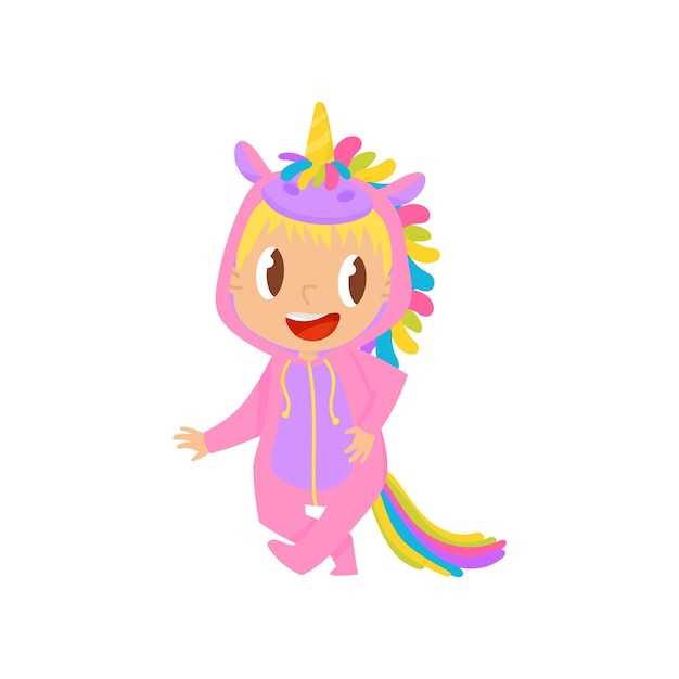 Lovely baby girl in pink unicorn costume vector Illustration on a white background