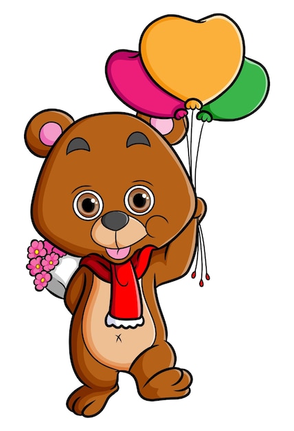 The lovely bear is holding balloons and flower of illustration