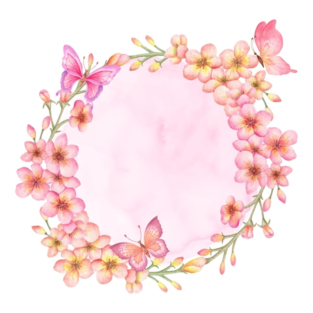 Lovely beautiful watercolor spring sakura floral frame with butterflies