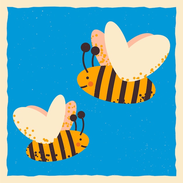 Lovely bees character Square template in grunge style Vector illustration