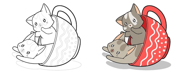 Lovely cats inside a cup cartoon coloring page