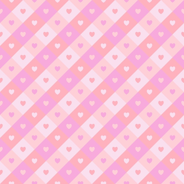 Lovely checkered vector pattern with pink heart symbol. Nice romantic background for Valentine's Day