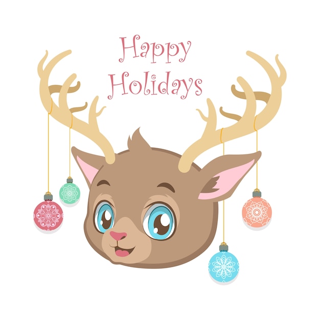 Vector lovely christmas illustration of a cute reindeer portrait and ornaments