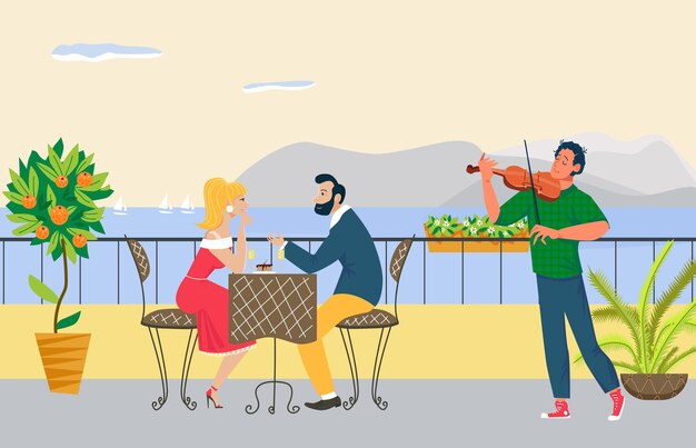 Vector lovely couple male and female romantic dinner on restaurant cozy terrace musician play on violin flat vector illustration