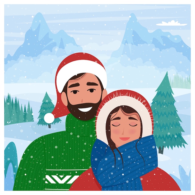 Lovely couple in winter background. Cute in flat style